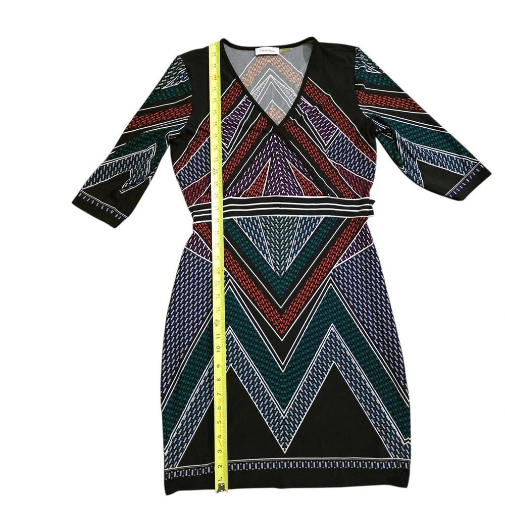 Calvin Klein Geometric Print‎ V Neck 3/4 Sleeve Faux Wrap Dress Women's Size M